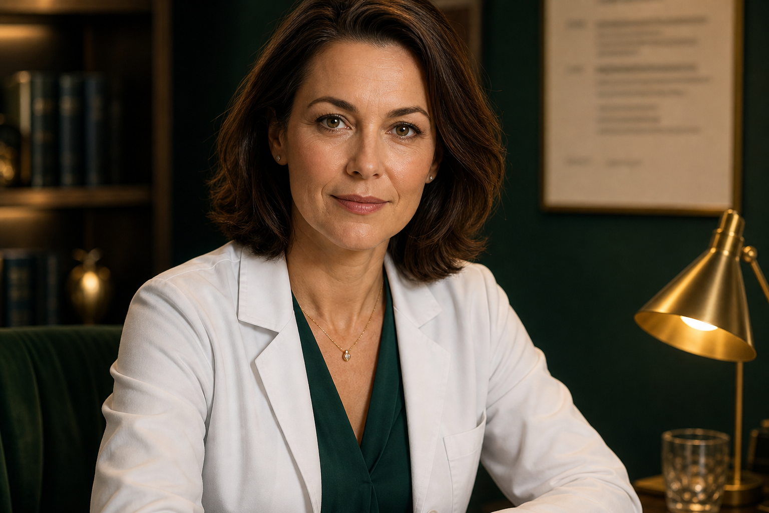 Professionelles Porträt von Dr. Hannah Richter mit angedeutetem Lebenslauf im Hintergrund