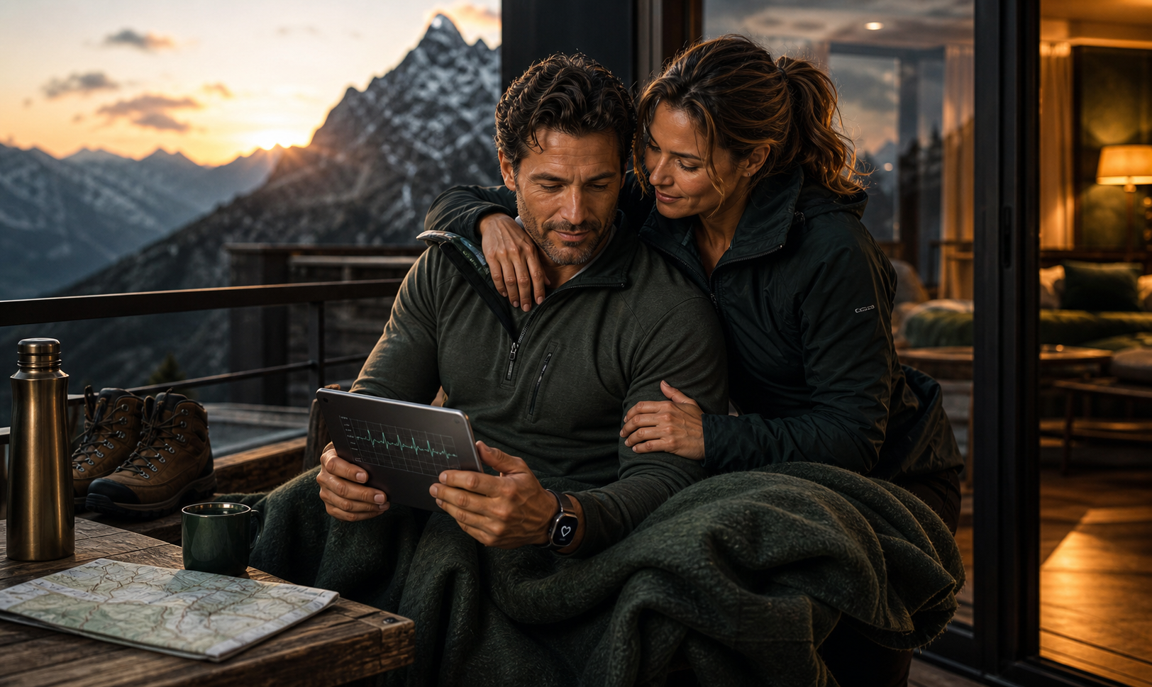Paar nach einer Bergtour mit Pulsuhr und Telemedizin-Tablet in einer luxuriösen Berghütte